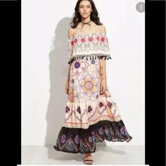 Kivenrl Geometric Floral Boho Ruffle Maxi Dress - Picture 1 of 10